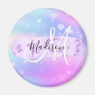 Girly Colorful Unicorn Rainbow Hearts Monogram Magneet