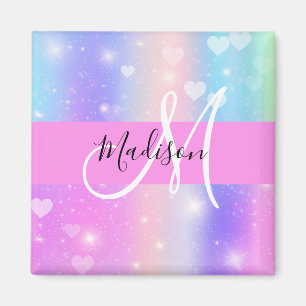 Girly Colorful Unicorn Rainbow Hearts Monogram Magneet