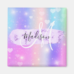 Girly Colorful Unicorn Rainbow Hearts Monogram Magneet