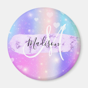 Girly Colorful Unicorn Rainbow Hearts Monogram Magneet