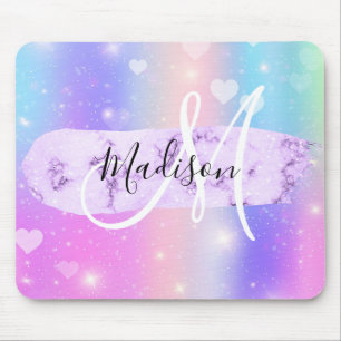Girly Colorful Unicorn Rainbow Hearts Monogram Muismat
