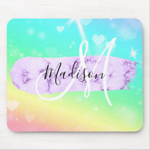 Girly Colorful Unicorn Rainbow Hearts Monogram Muismat