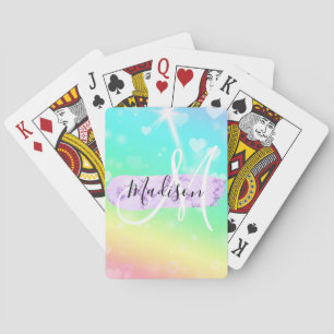 Girly Colorful Unicorn Rainbow Hearts Monogram Pokerkaarten