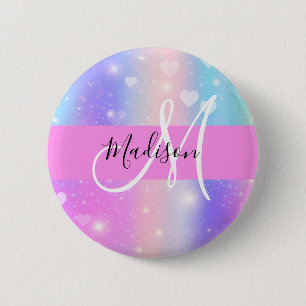 Girly Colorful Unicorn Rainbow Hearts Monogram Ronde Button 5,7 Cm