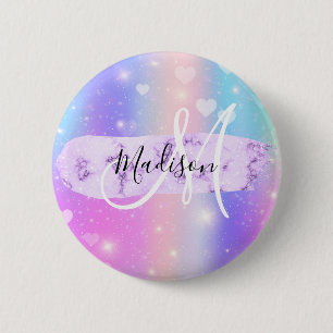 Girly Colorful Unicorn Rainbow Hearts Monogram Ronde Button 5,7 Cm