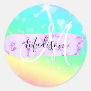 Girly Colorful Unicorn Rainbow Hearts Monogram Ronde Sticker
