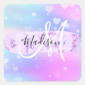 Girly Colorful Unicorn Rainbow Hearts Monogram Vierkante Sticker