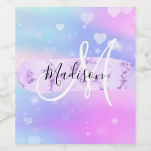 Girly Colorful Unicorn Rainbow Hearts Monogram Wijn Etiket