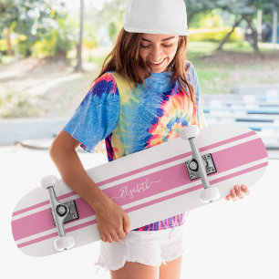 Girly Cool Pink White Racing Stripes Monogramed Skateboard