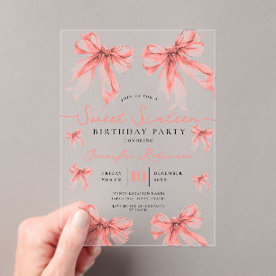 Girly Coquette Strik Roze Gouden Sweet 16 Verjaard Acryl Uitnodigingen
