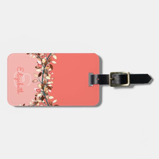 Girly Coral Initiaal Monogram Leafy Branches Bagagelabel (Voorkant horizontaal)