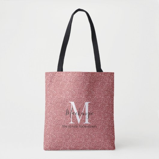Girly Coral Red Glitter Monogram Naam Draagtas (Voorkant)