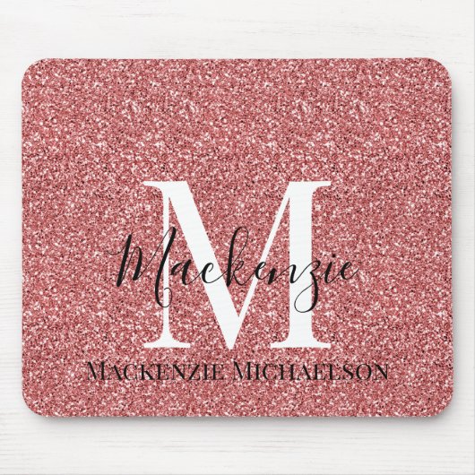 Girly Coral Red Glitter Monogram Naam Muismat (Voorkant)