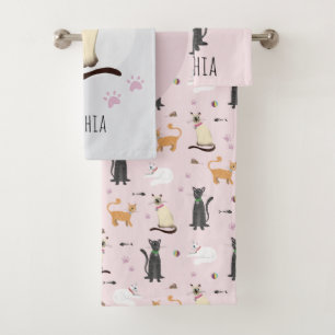 Girly Cute Cat Cartoon Pink Pattern & Name Kinder Bad Handdoek