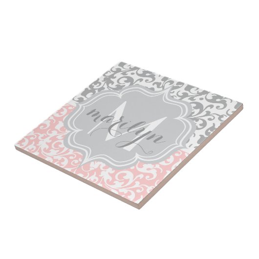 Girly Damask Swirls Pink and Grey Monogrammed Tegeltje (Zijkant)