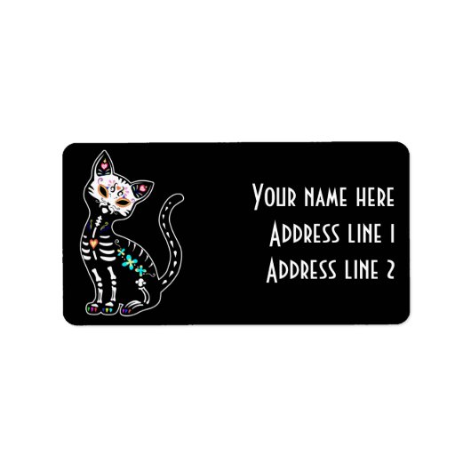 Girly Day of the Dead schattige kat custom zwart Etiket (Voorkant)