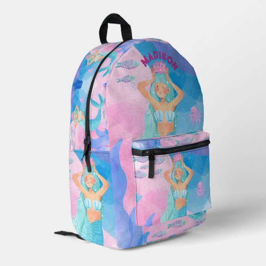 Girly design featuring cute mermaid pink and blue bedrukte rugzak (Achterkant Hoek Links)