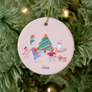 Girly Dogs Schaatsen Blush Roze Kerstfoto Keramisch Ornament