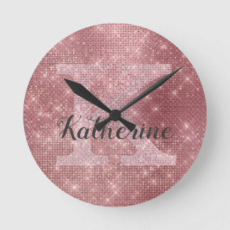 Girly Dusty Roos Gold Sparkle Glam Monogram Naam Ronde Klok