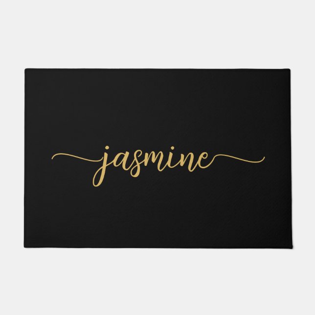 Girly Eenvoudig Zwart Gouden Monogram Naam Lettert Deurmat (Voorkant)