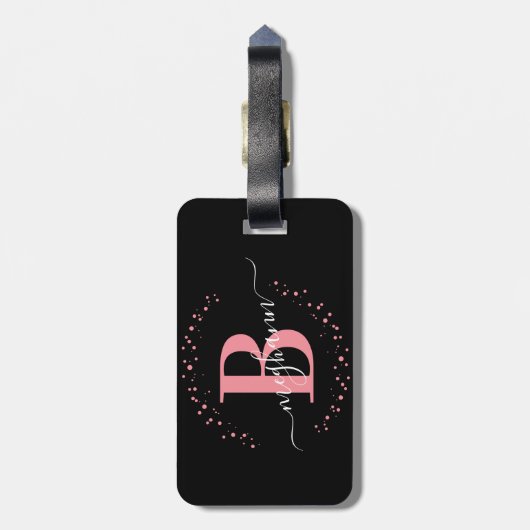 Girly Elegant Black Pink Name Monogram Script Lugg Bagagelabel (Achterkant verticaal)