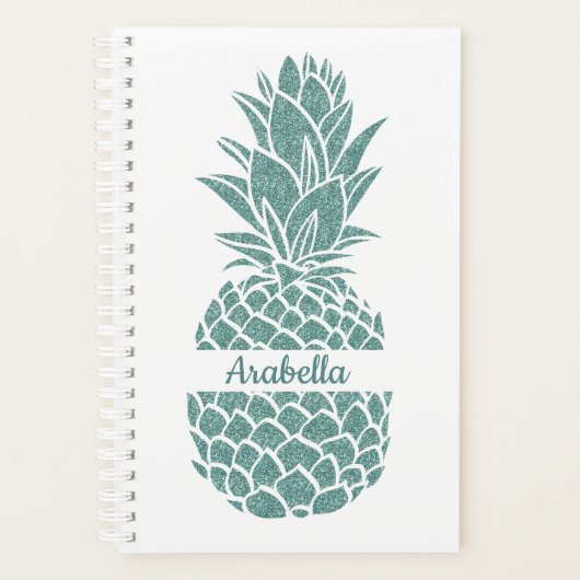 Girly Elegant Blauwgroen Glitter Ananas Naam Planner (Voorkant)