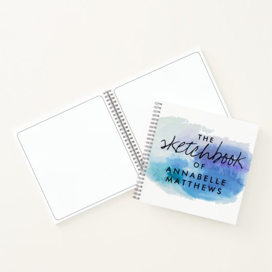 Girly Elegant Blue Waterverf Monogram Sketchbook Notitieboek (Binnen)