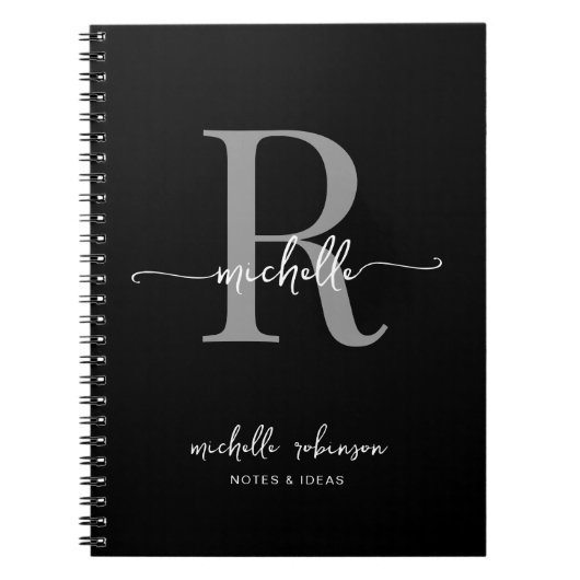 Girly Elegant Chic Zwart Grijs Script Monogram Naa Notitieboek (Voorkant)