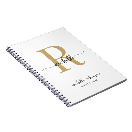 Girly Elegant Chique Wit Goud Script Monogram Naam Notitieboek (Rechterzijde)