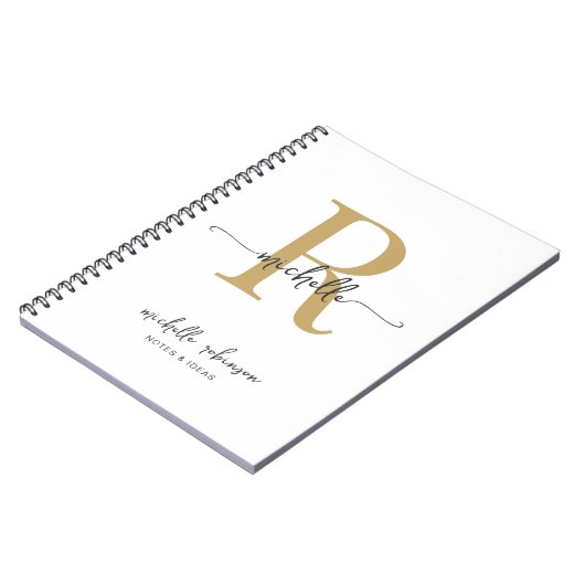 Girly Elegant Chique Wit Goud Script Monogram Naam Notitieboek (Linkerzijde)