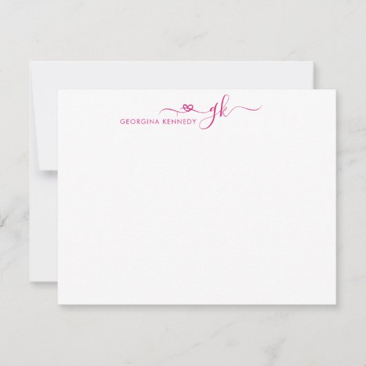 Girly Elegant Heart Script 2 Monogram Magenta Roze Notitiekaartje (Voorkant)