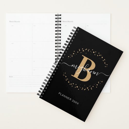 Girly Elegant Noir Nom Monogramme Planner (Devant avec enveloppe)