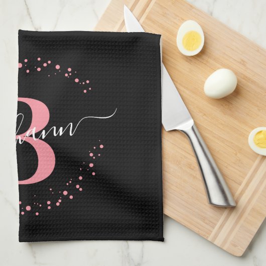 Girly Elegant Pink Black Name Monogram Script Kitc Theedoek (Quarter Fold)