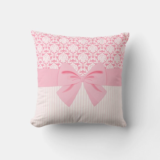 Girly Elegant Pink Damask Wrap Bow Kussen (Voorkant)