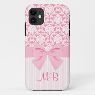 Girly Elegant Pink Damask Wrap Bow Monogram iPhone 11 Hoesje
