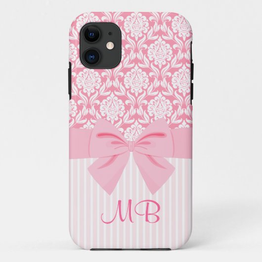 Girly Elegant Pink Damask Wrap Bow Monogram Case-Mate iPhone Case (Achterkant)