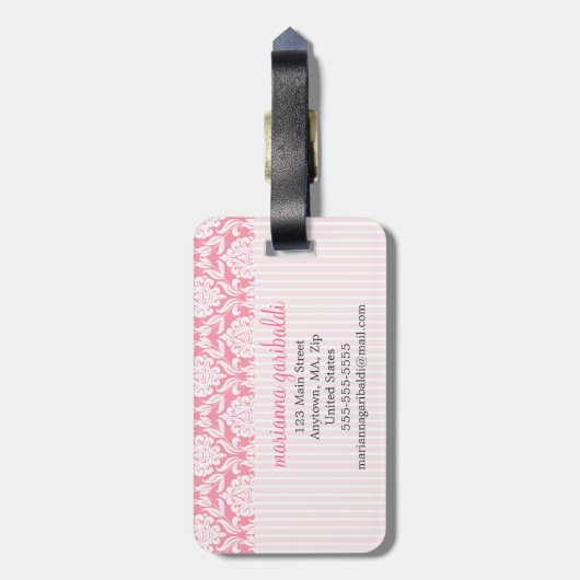 Girly Elegant Pink Damask Wrap Bow Personalized Bagagelabel (Achterkant verticaal)