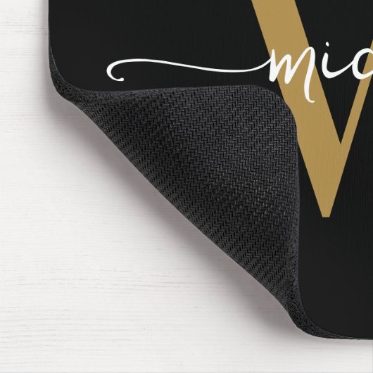 Girly Elegant Zwart Goud Monogram Naam Script Muismat (Hoek)