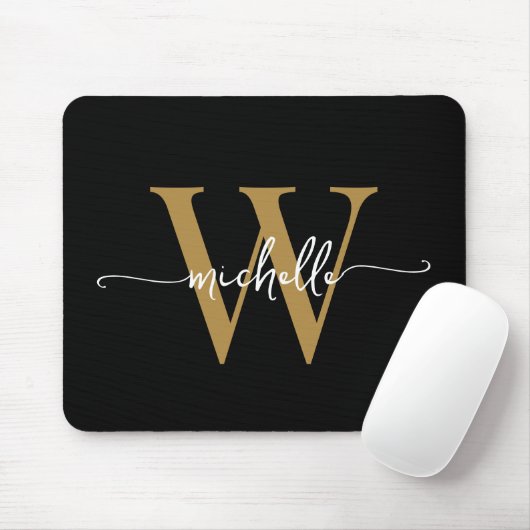 Girly Elegant Zwart Goud Monogram Naam Script Muismat (Met muis)