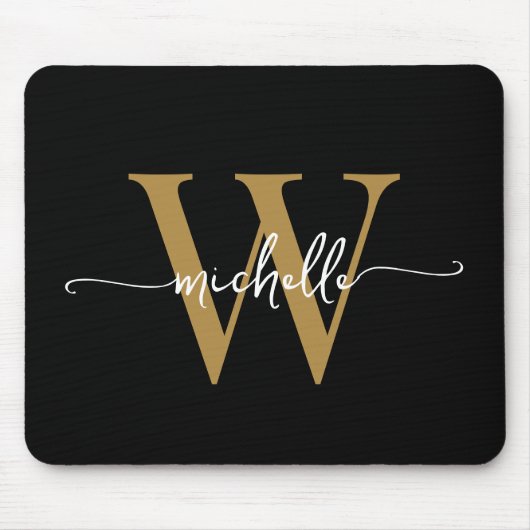Girly Elegant Zwart Goud Monogram Naam Script Muismat (Voorkant)
