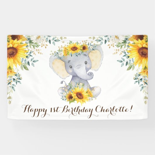 Girly Elephant Rustic Sunflower Happy Birthday Spandoek (Horizontaal)