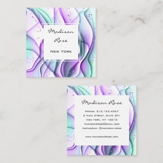 Girly en Trendy Paarse Groene Witte Ink & Sparkles Vierkante Visitekaartje (Voorkant / Achterkant)