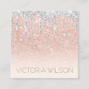 Girly Fading Pink Dusty Roos Silver Glitter Drip Vierkante Visitekaartje
