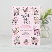 Girly Farm Animal Third Birthday Invitation Kaart (Staand voorkant)
