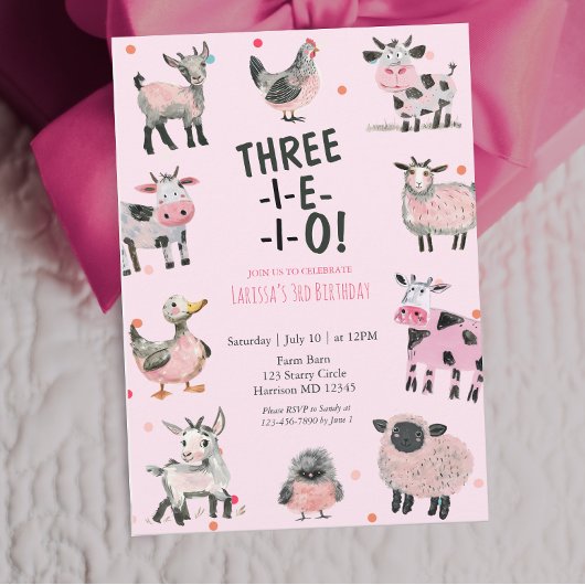 Girly Farm Animal Third Birthday Invitation Kaart