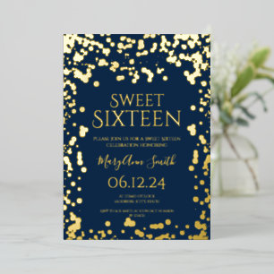 Girly Faux Gold Foil Confetti Sweet 16 Navy Folie Uitnodiging