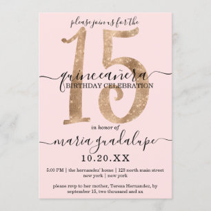 Girly Faux Gold Glitter Blush Pink Quinceañera Kaart