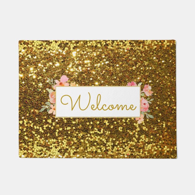 Girly Faux Gold Glitter Welkom Deurmat (Voorkant)