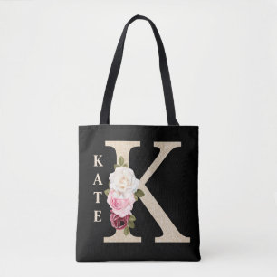Girly Faux Goud Glitter Bloemen Letter K Monogram Draagtas