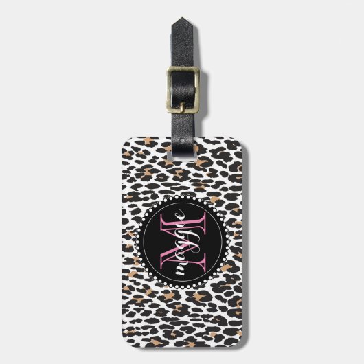 Girly Faux Leopard Print Monogram patroon Bagagelabel (Voorkant verticaal)
